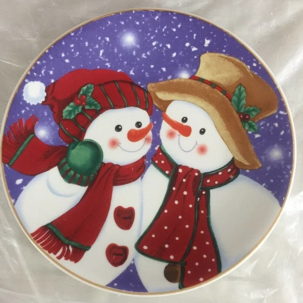 Vintage Snowman Couple Decorative Plate Holiday Christmas Purple‎ 8